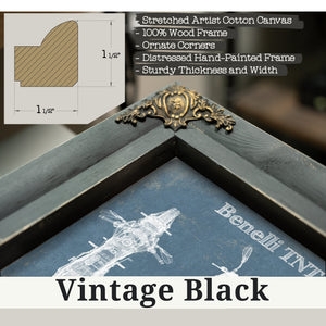 Vintage Black frame corner detail, 1.5 inch ornate wood moulding, 2018 Benelli TNT 125 Print