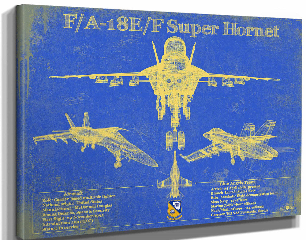 14" x 11" / Stretched Canvas Wrap Cutler West Blue Angels F/A-18F Super Hornet Patent Blueprint Original Military Wall Art