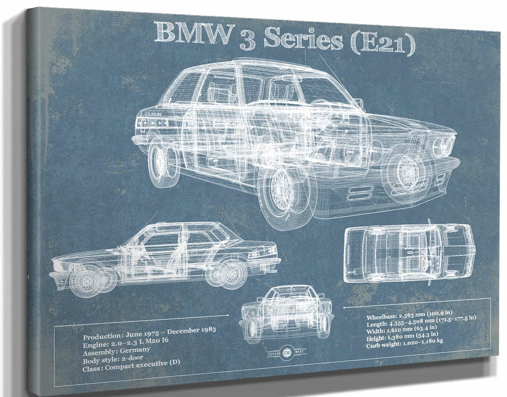 14" x 11" / Stretched Canvas Wrap Cutler West BMW 3 Series E21 Vintage Blueprint Auto Print