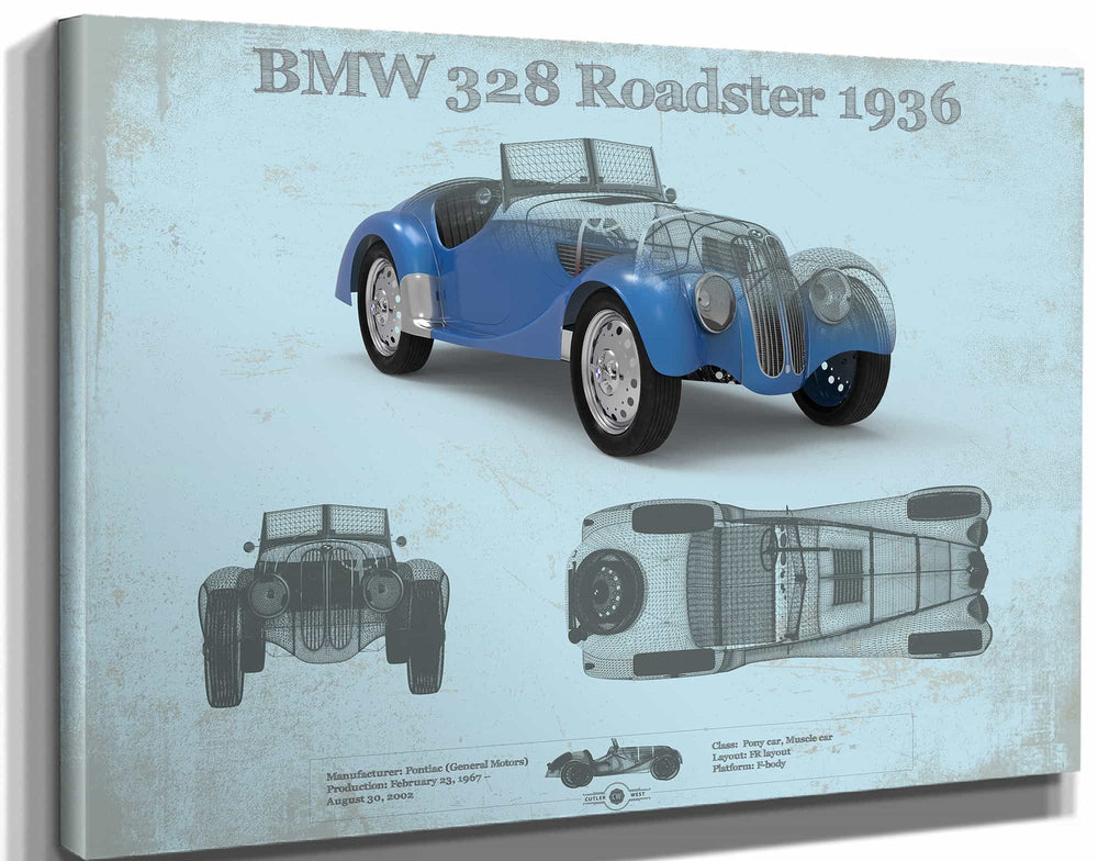 14" x 11" / Stretched Canvas Wrap Cutler West BMW 328 Roadster 1936 Blueprint Vintage Auto Print
