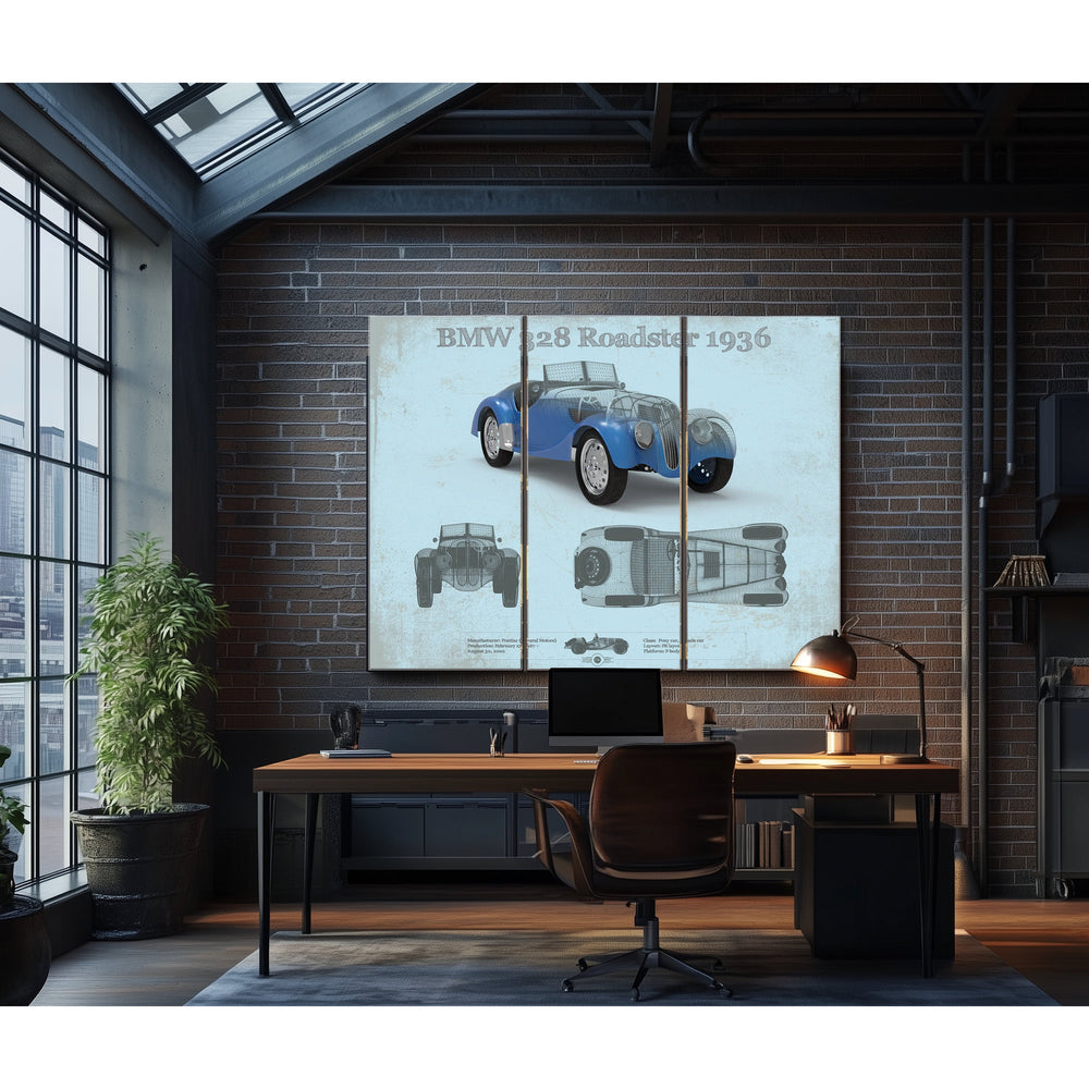1936 BMW 328 Roadster Blueprint Art Print in a distressed Vintage Black wood frame with ornate corners