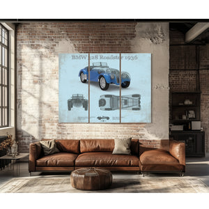 1936 BMW 328 Roadster Blueprint Art Print as a 3 panel canvas wrap above a leather sofa