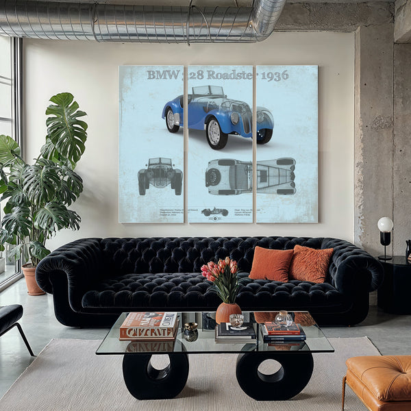1936 BMW 328 Roadster Blueprint Art Print as a 3 panel canvas wrap in a modern living room