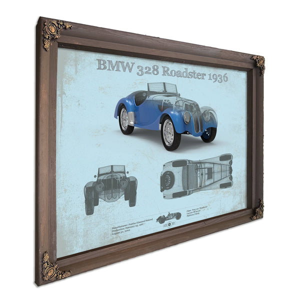 1936 BMW 328 Roadster Blueprint Art Print in a Bourbon stained wood frame with antique gold corners