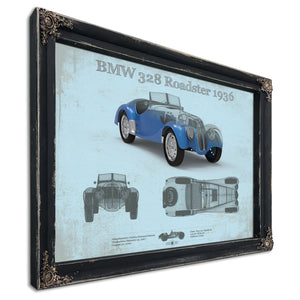 1936 BMW 328 Roadster Blueprint Art Print in a distressed Vintage Black wood frame with ornate corners
