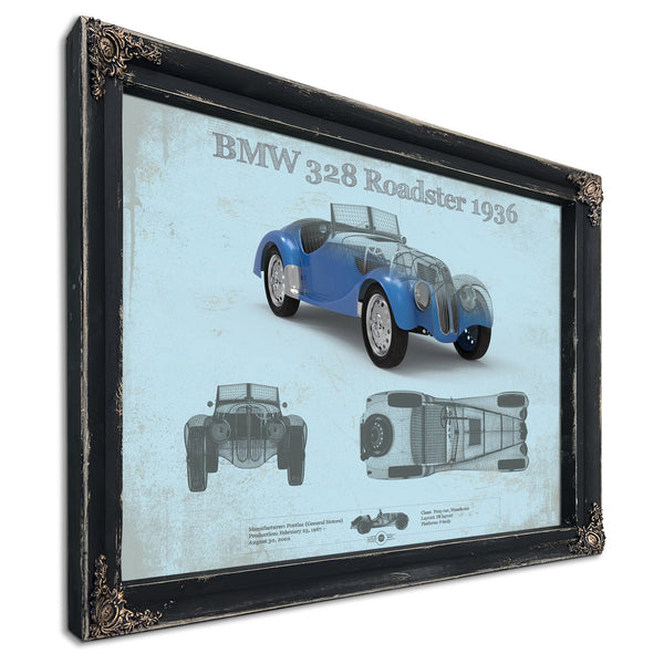 1936 BMW 328 Roadster Blueprint Art Print in a distressed Vintage Black wood frame with ornate corners