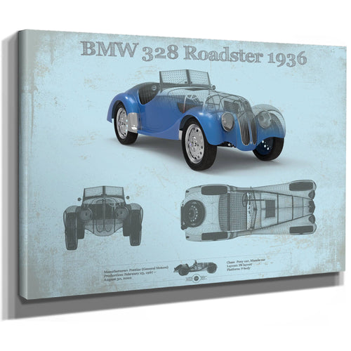 1936 BMW 328 Roadster Blueprint Art Print as a stretched canvas wrap with gallery wrapped edges