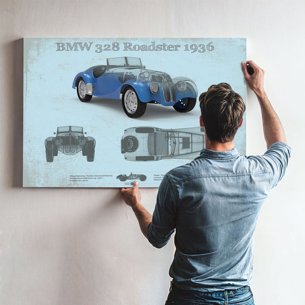 1936 BMW 328 Roadster Blueprint Art Print framed in Vintage Black above a mid-century record console