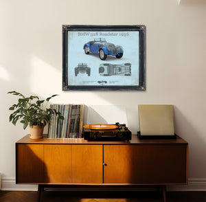 1936 BMW 328 Roadster Blueprint Art Print framed in Vintage Black in a loft bedroom
