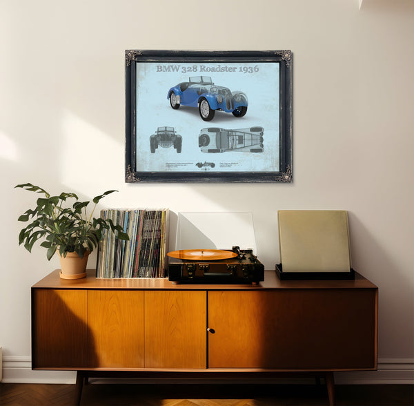 1936 BMW 328 Roadster Blueprint Art Print framed in Vintage Black in a loft bedroom