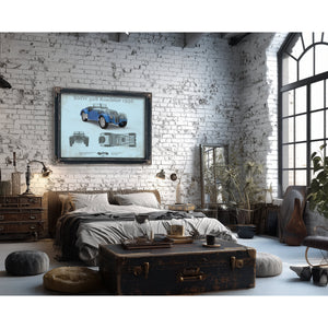 1936 BMW 328 Roadster Blueprint Art Print framed in Vintage Black in a farmhouse entryway