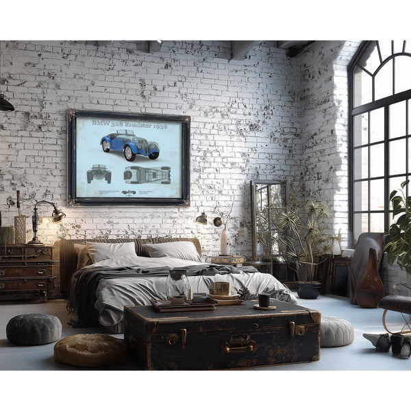 1936 BMW 328 Roadster Blueprint Art Print framed in Vintage Black in a farmhouse entryway