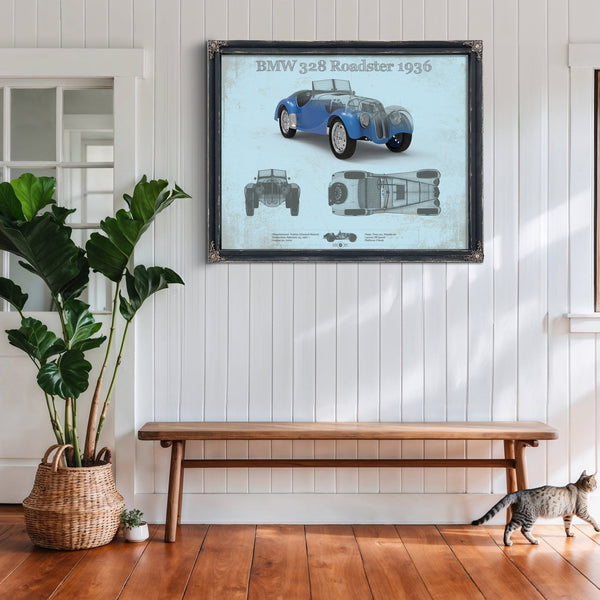 1936 BMW 328 Roadster Blueprint Art Print framed in Vintage Black above a rustic console table
