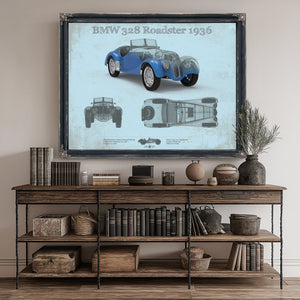 1936 BMW 328 Roadster Blueprint Art Print canvas print size guide 24x18 36x24 48x36 inches