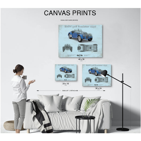 1936 BMW 328 Roadster Blueprint Art Print displayed on a wall