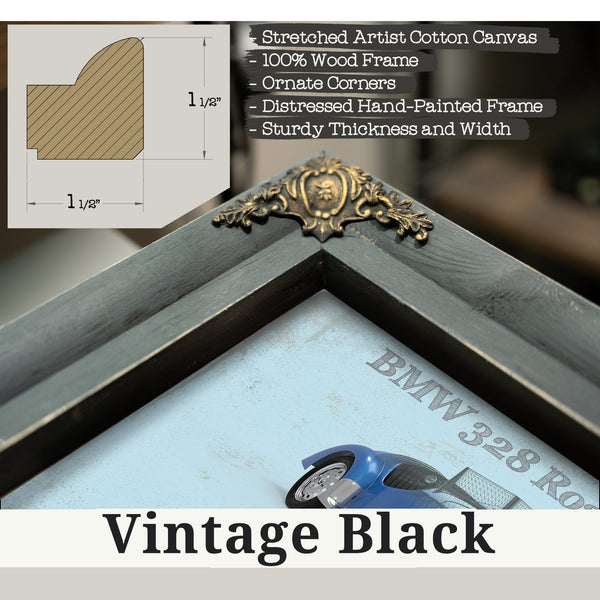 Vintage Black frame corner detail, 1.5 inch ornate wood moulding, 1936 BMW 328 Roadster Blueprint Art Print