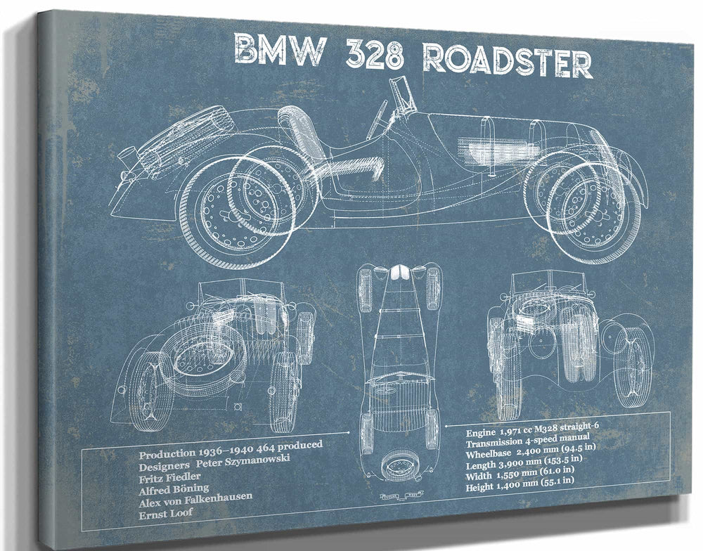 14" x 11" / Stretched Canvas Wrap Cutler West BMW 328 Roadster Blueprint Vintage Auto Print