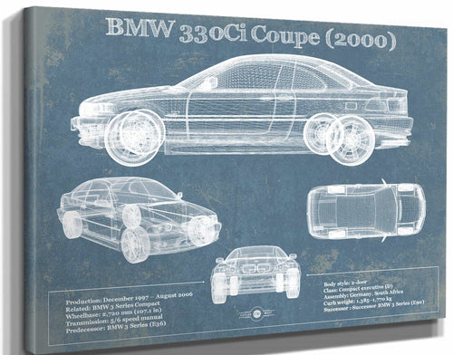 14" x 11" / Stretched Canvas Wrap Cutler West BMW 330Ci Coupe 2000 Blueprint Vintage Auto Print