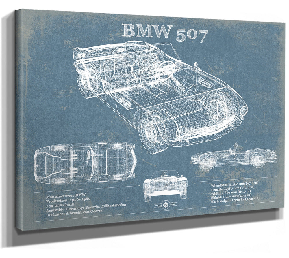 14" x 11" / Stretched Canvas Wrap Cutler West BMW 507 Vintage Blueprint Auto Print