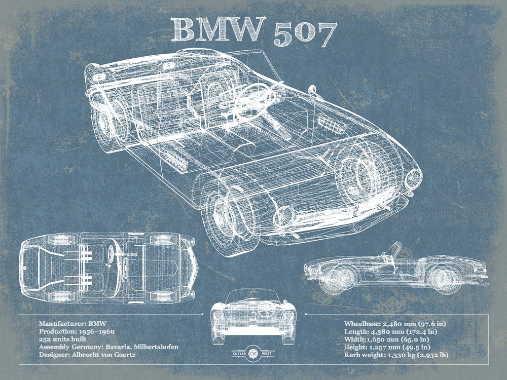 14" x 11" / Stretched Canvas Wrap Cutler West BMW 507 Vintage Blueprint Auto Print
