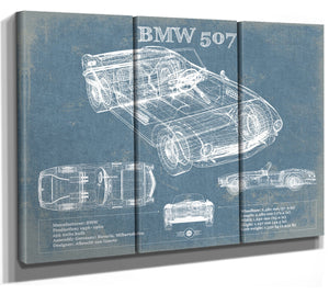 36" x 24" / 3 Panel Canvas Wrap Cutler West BMW 507 Vintage Blueprint Auto Print