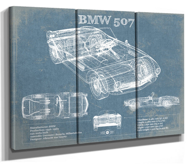 36" x 24" / 3 Panel Canvas Wrap Cutler West BMW 507 Vintage Blueprint Auto Print