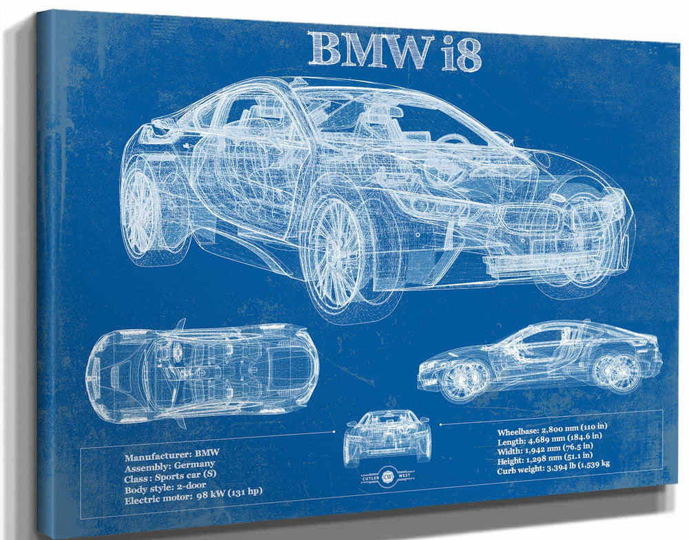 14" x 11" / Stretched Canvas Wrap Cutler West BMW I8 Vintage Blueprint Auto Print