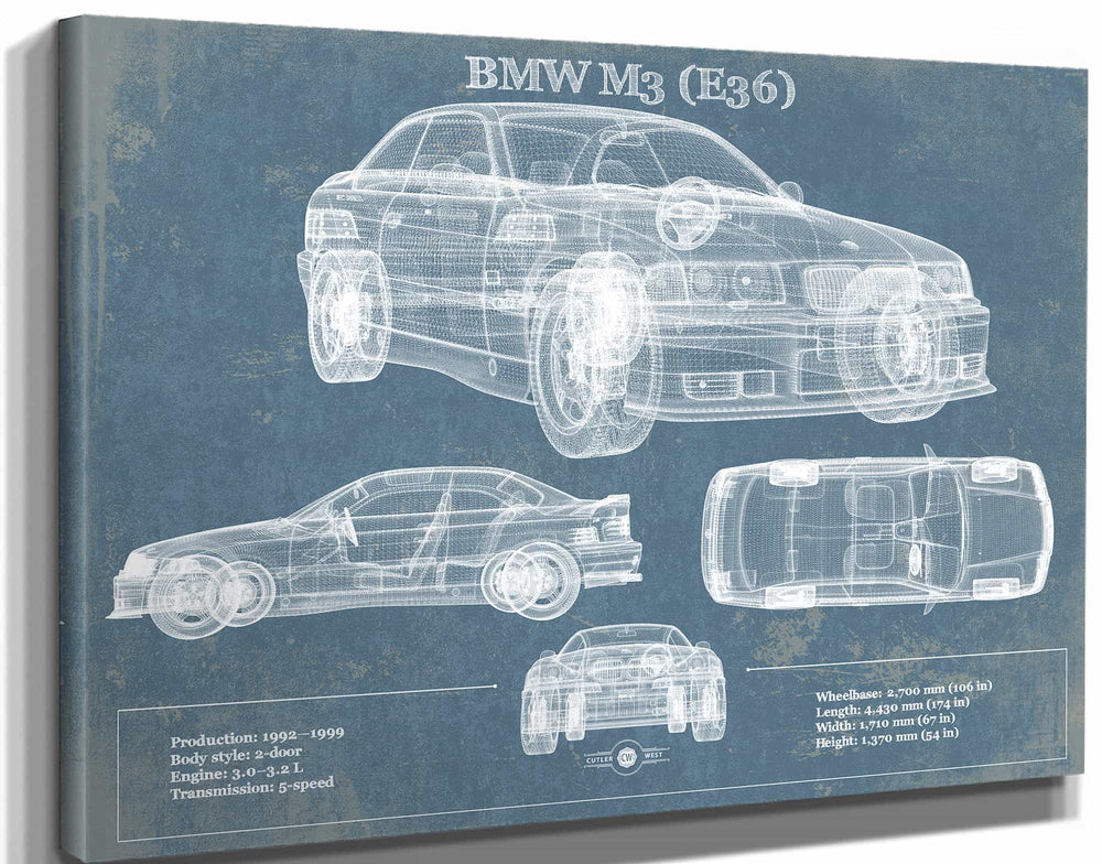 14" x 11" / Stretched Canvas Wrap Cutler West BMW M3 (E36) Vintage Blueprint Auto Print