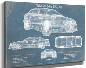14" x 11" / Stretched Canvas Wrap Cutler West BMW M3 (E36) Vintage Blueprint Auto Print