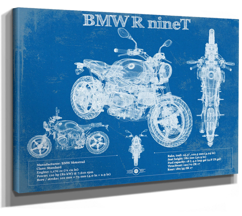14" x 11" / Stretched Canvas Wrap Cutler West BMW R nine T Blueprint Vintage Motorcycle Print