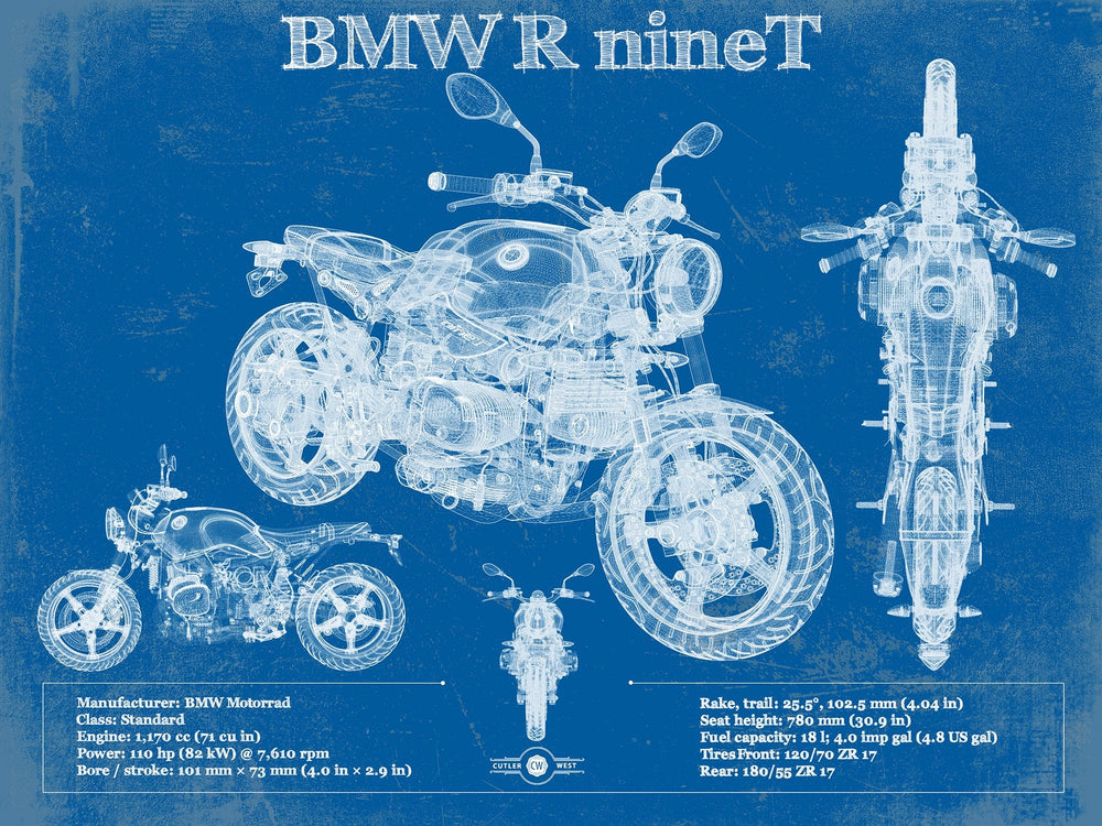 14" x 11" / Stretched Canvas Wrap Cutler West BMW R nine T Blueprint Vintage Motorcycle Print