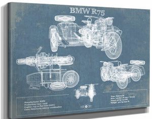 14" x 11" / Stretched Canvas Wrap Cutler West BMW R75 Blueprint Motorcycle Patent Print