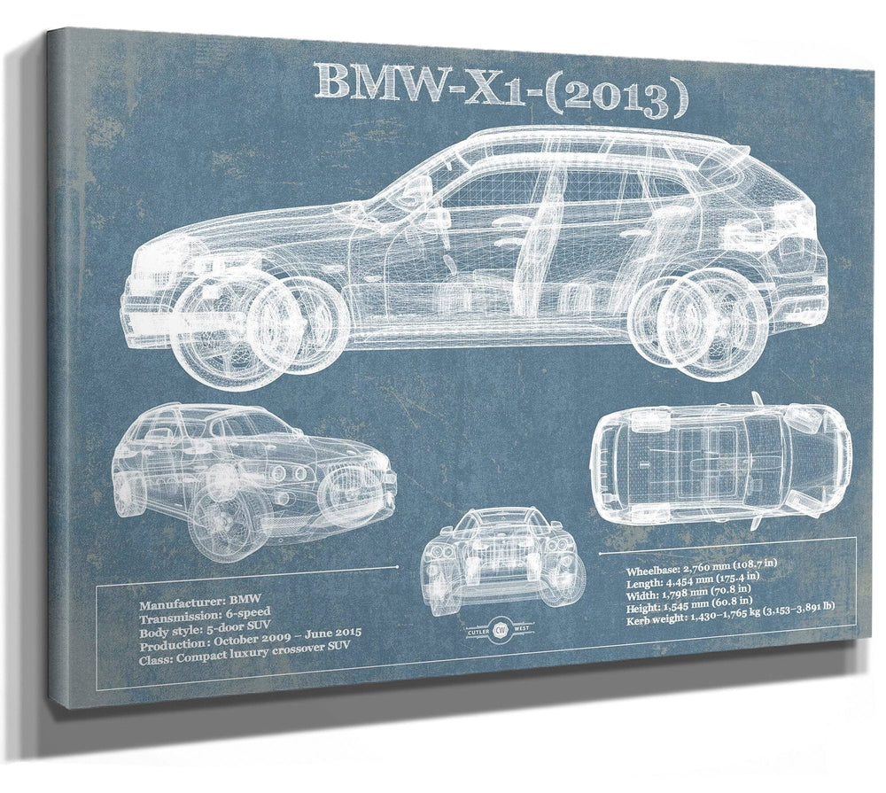 14" x 11" / Stretched Canvas Wrap Cutler West BMW X1 (2013) Vintage Blueprint Auto Print