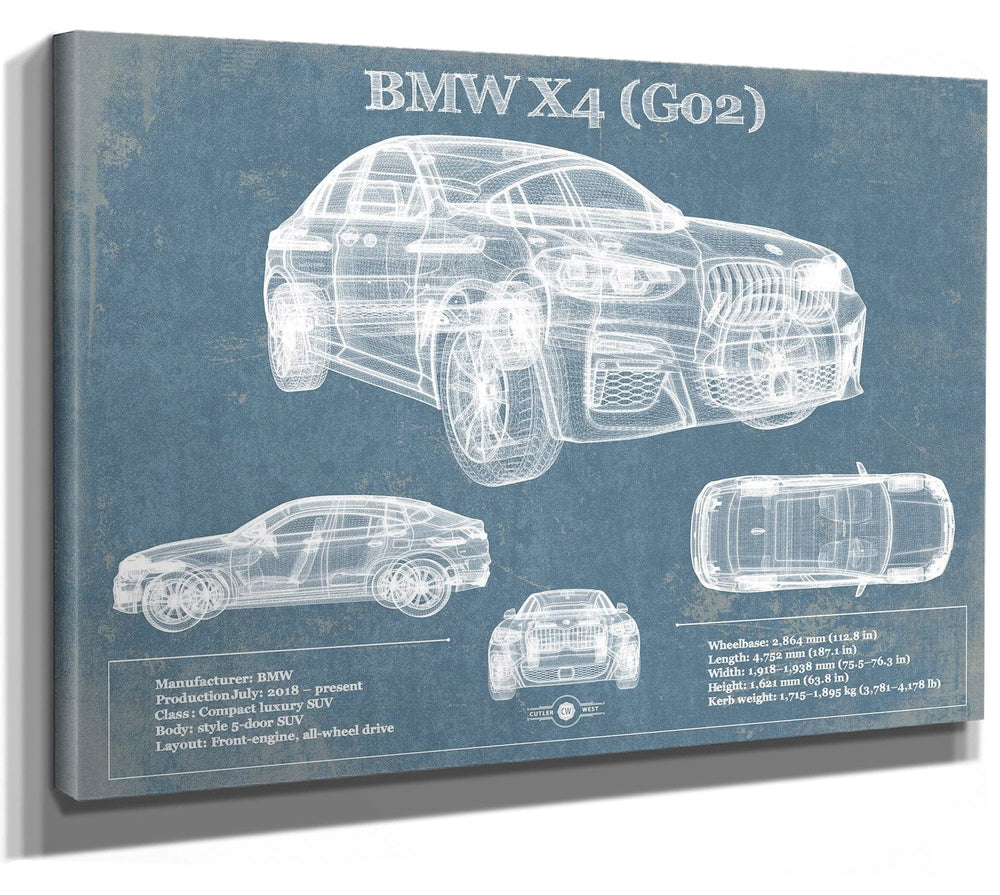 14" x 11" / Stretched Canvas Wrap Cutler West BMW X4 (G02) Vintage Blueprint Auto Print