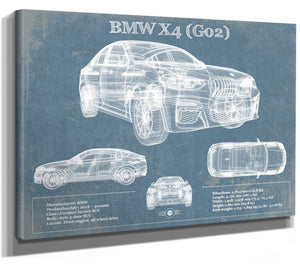 14" x 11" / Stretched Canvas Wrap Cutler West BMW X4 (G02) Vintage Blueprint Auto Print