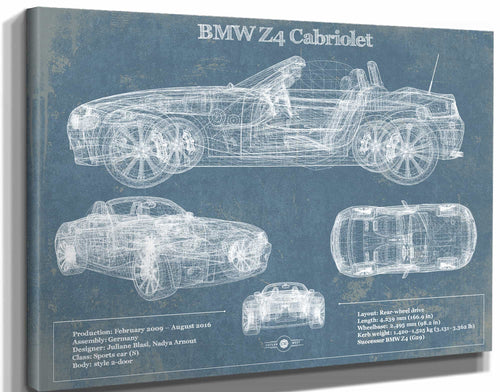 14" x 11" / Stretched Canvas Wrap Cutler West BMW Z4 Cabriolet Vintage Blueprint Auto Print