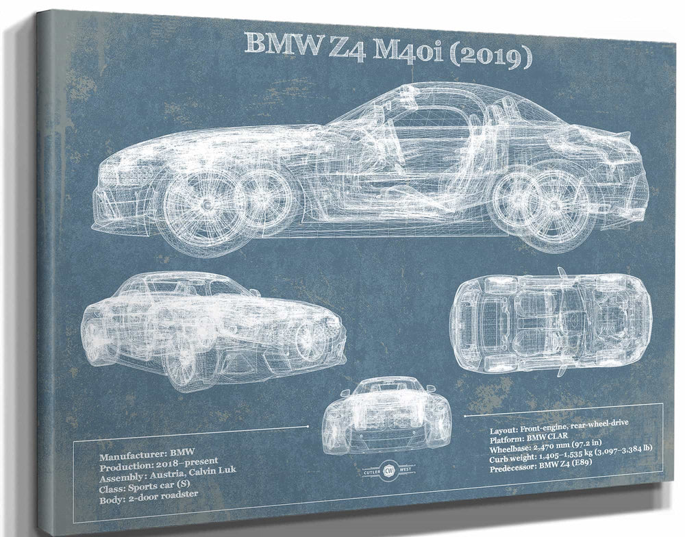 14" x 11" / Stretched Canvas Wrap Cutler West BMW Z4 M40i (2019) Vintage Blueprint Auto Print