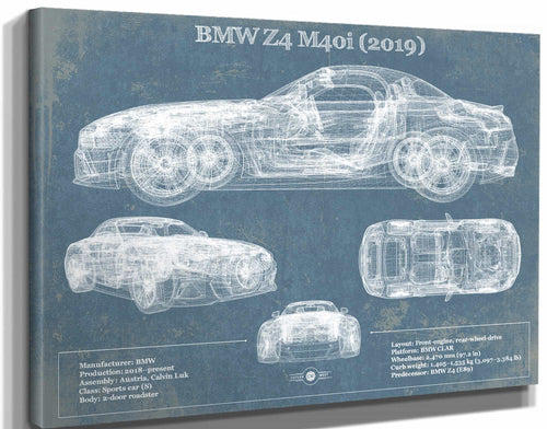 14" x 11" / Stretched Canvas Wrap Cutler West BMW Z4 M40i (2019) Vintage Blueprint Auto Print