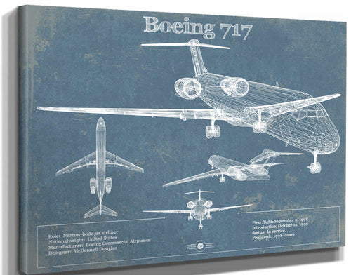 14" x 11" / Stretched Canvas Wrap Cutler West Boeing 717 Vintage Aviation Blueprint Print - Custom Pilot Name Can Be Added