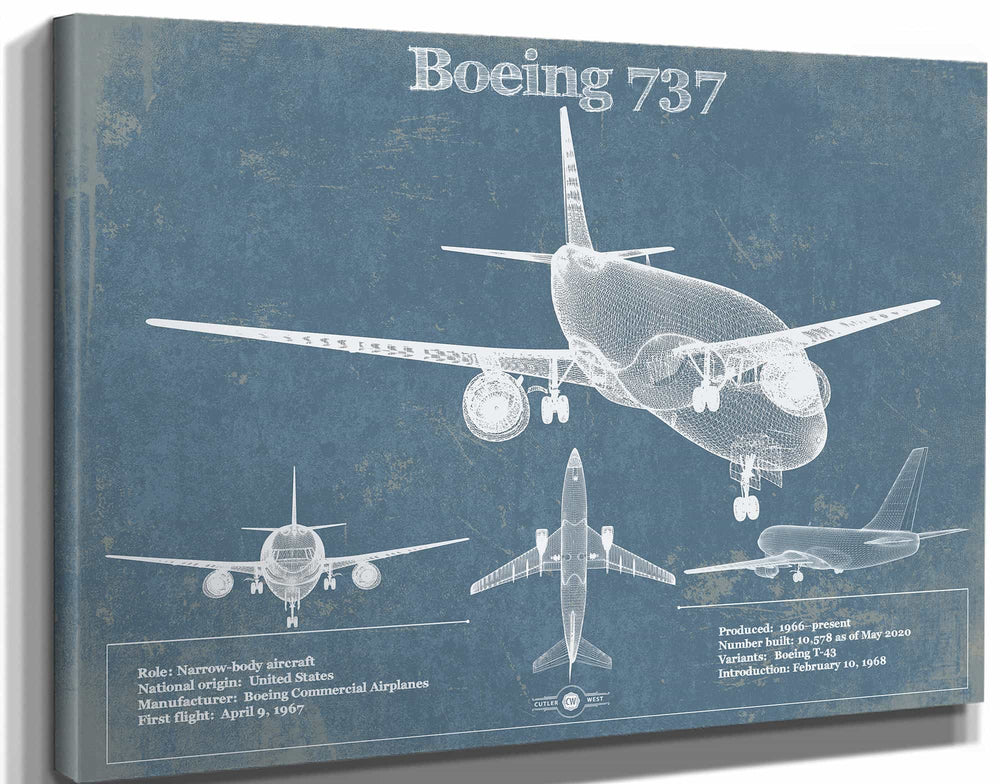 14" x 11" / Stretched Canvas Wrap Cutler West Boeing 737 Vintage Aviation Blueprint Print - Custom Pilot Name Can Be Added