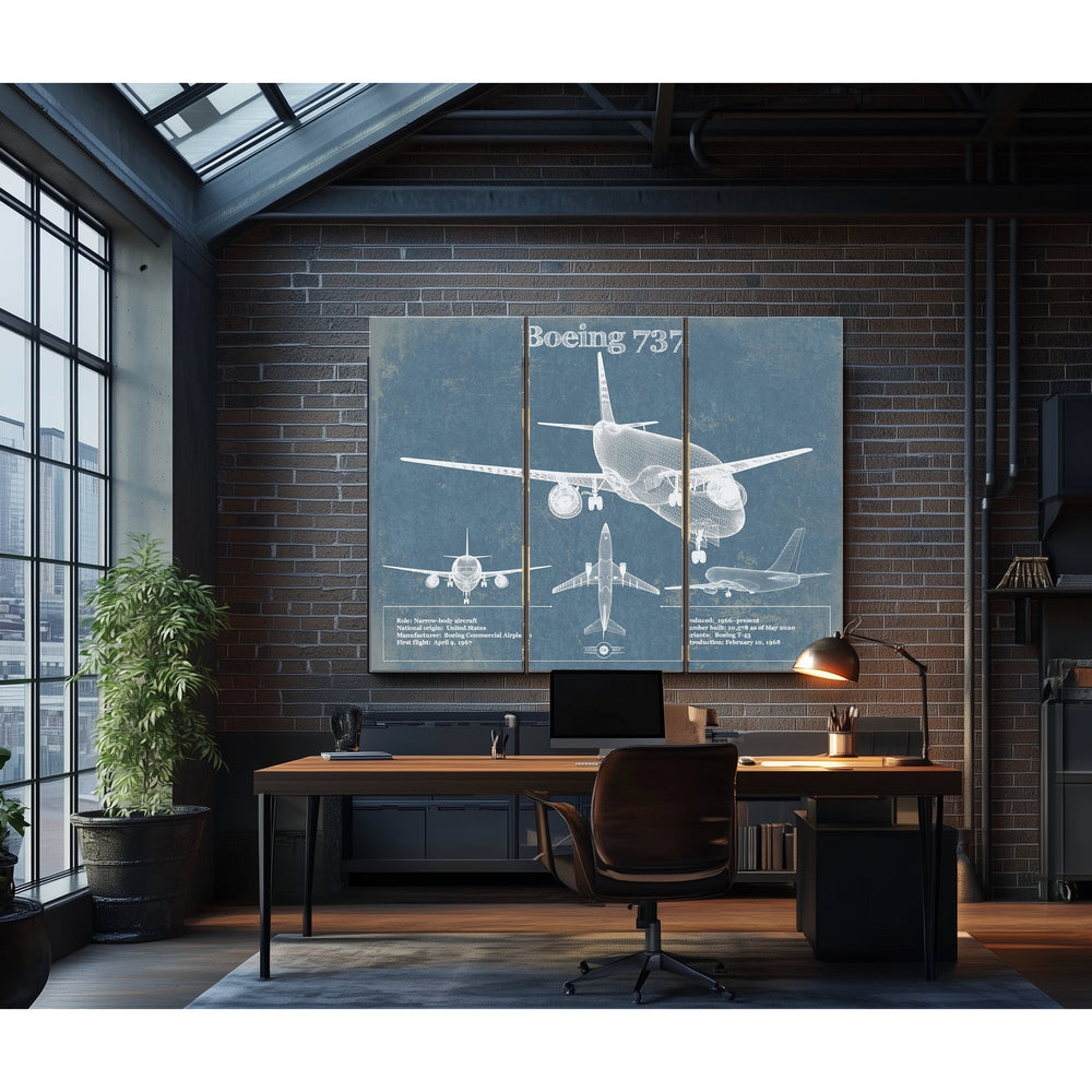 Boeing 737 Blueprint Aviation Print in a distressed Vintage Black wood frame with ornate corners