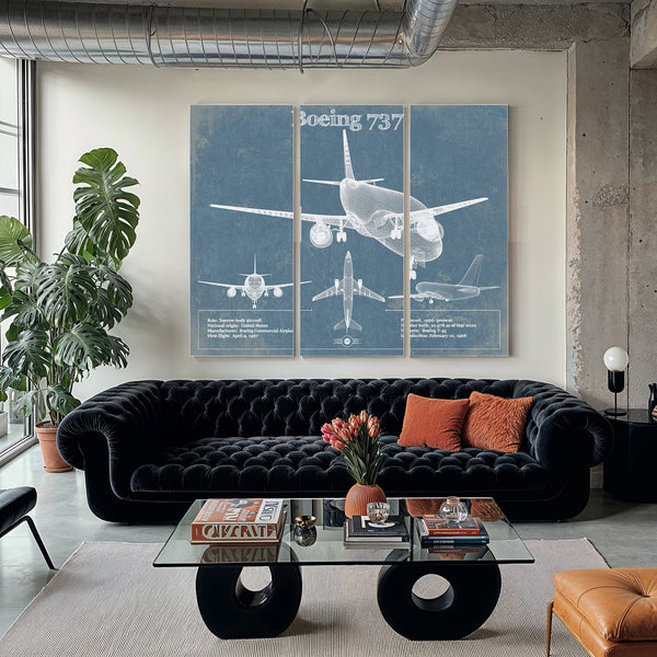 Boeing 737 Blueprint Aviation Print as a 3 panel canvas wrap in a modern living room