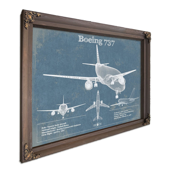 Boeing 737 Blueprint Aviation Print in a Bourbon stained wood frame with antique gold corners