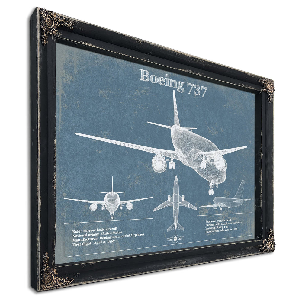 Boeing 737 Blueprint Aviation Print in a distressed Vintage Black wood frame with ornate corners
