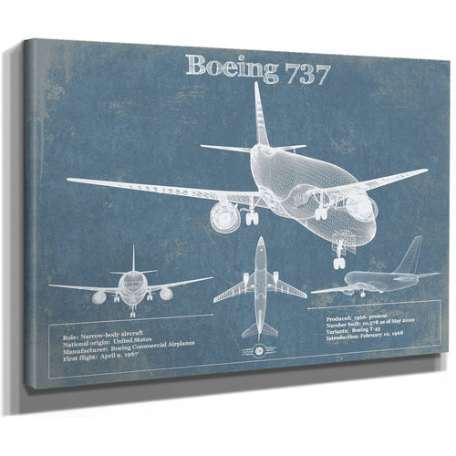 Boeing 737 Blueprint Aviation Print as a stretched canvas wrap with gallery wrapped edges