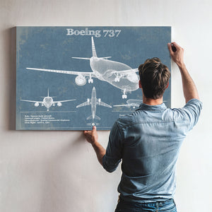 Boeing 737 Blueprint Aviation Print framed in Vintage Black above a mid-century record console