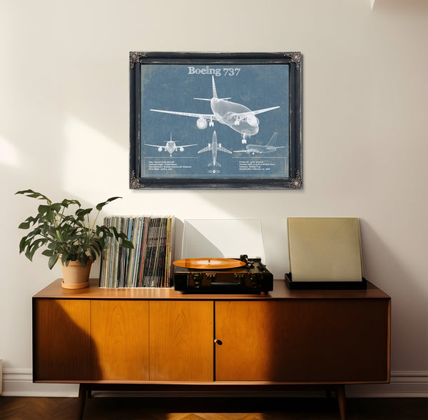 Boeing 737 Blueprint Aviation Print framed in Vintage Black in a loft bedroom