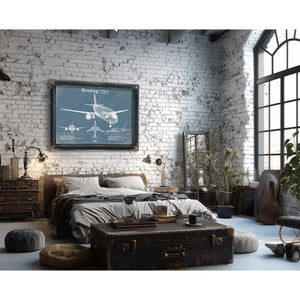 Boeing 737 Blueprint Aviation Print framed in Vintage Black in a farmhouse entryway