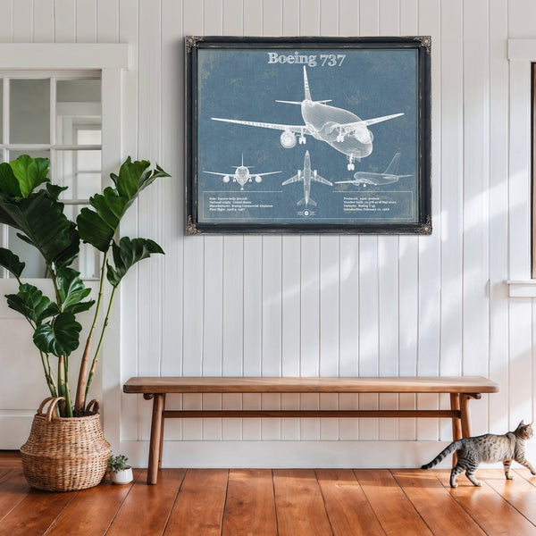 Boeing 737 Blueprint Aviation Print framed in Vintage Black above a rustic console table