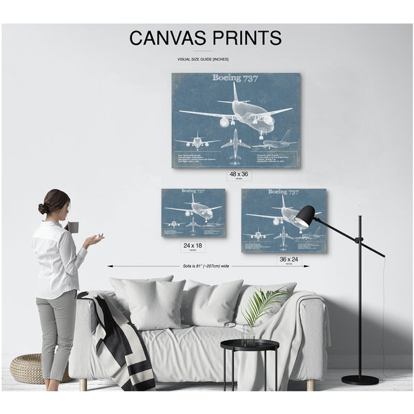 Boeing 737 Blueprint Aviation Print displayed on a wall